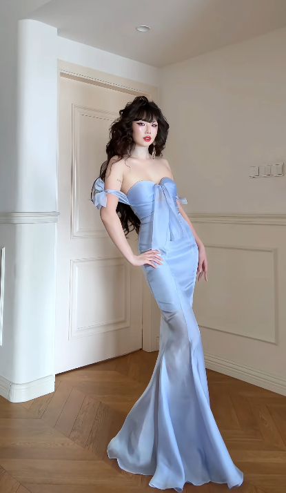 Robe de bal bleue chic, bustier cœur, en mousseline, style sirène, référence ED07122