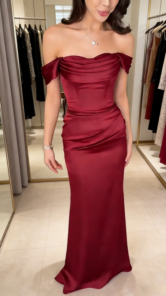 Chic Red Prom Dress Off-shoulder Satin Sheath Evening Dress ED07125