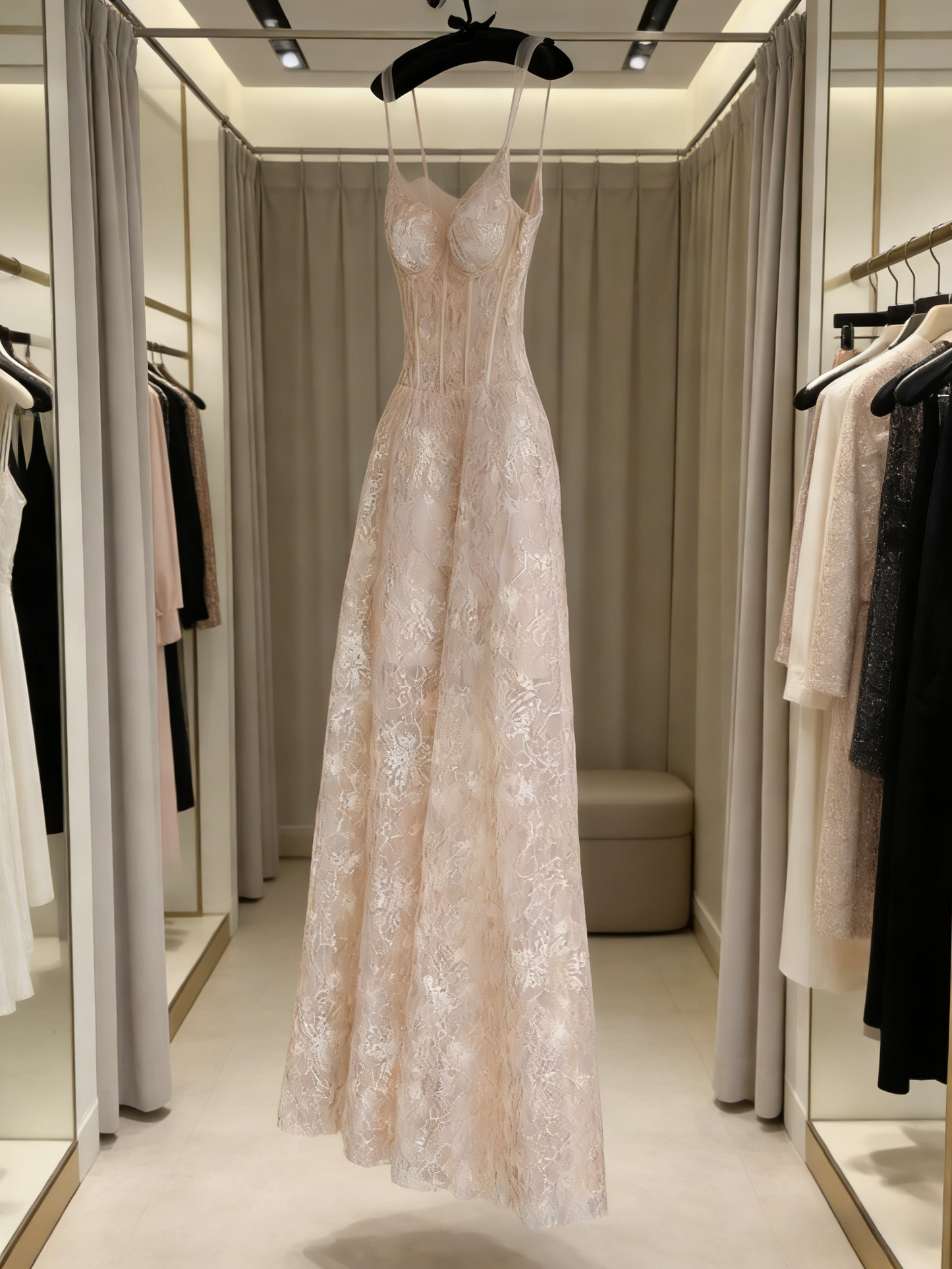 Robe de bal bleue chic à bretelles, dentelle et tulle, coupe trapèze, ED07126