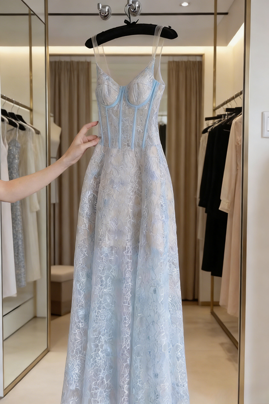 Chic Blue Prom Dress Straps Lace Tulle A-Line Evening Dress ED07126