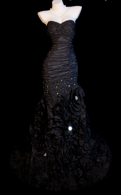 Robe de bal noire chic, bustier cœur, tulle, sirène, ED07129