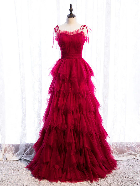 Robe de bal longue en tulle bordeaux, robe de remise de diplôme bordeaux ED0713