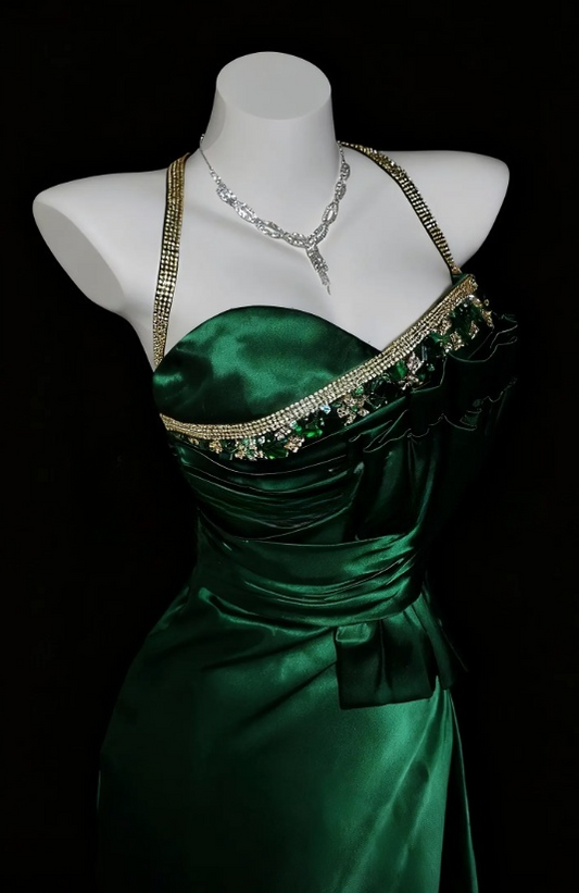 Fairy Green Prom Dress Halter Satin Sheath Birthday Dress Sleeveless Evening Dress  ED07132