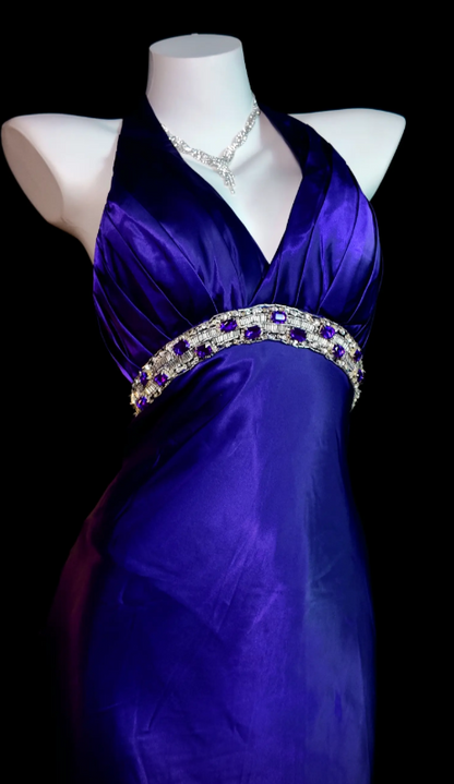 Magnifique robe de bal bleue, dos nu, fourreau en satin, robe d'anniversaire sans manches, robe de soirée ED07133