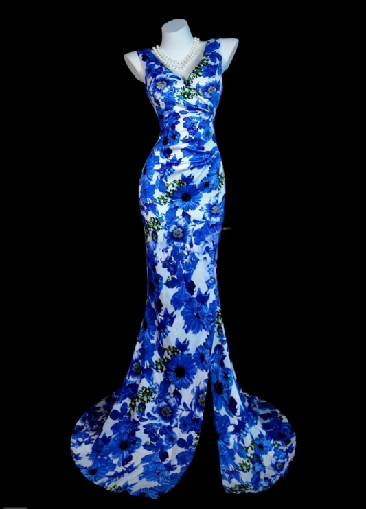 Gorgeous Blue Prom Dress V-Neck Floral Satin Sheath Birthday Dress Sleeveless Evening Dress ED07134