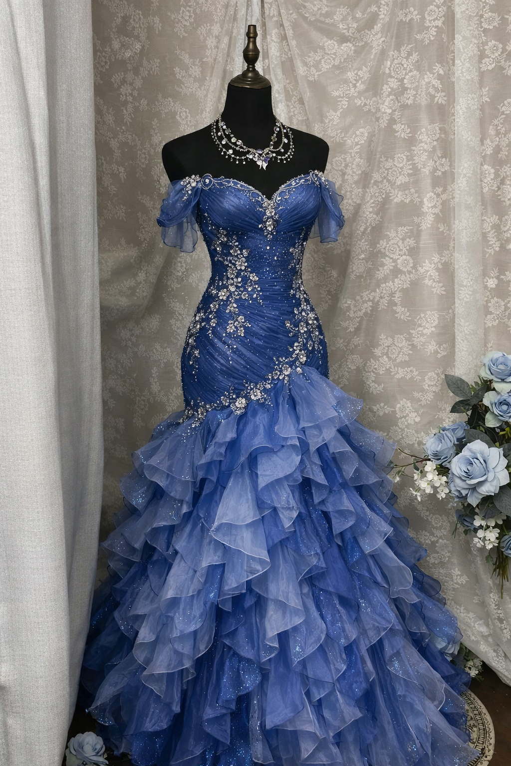 Gorgeous Blue Prom Dress Off-shoulder Tulle Sheath Birthday Dress Sleeveless Evening Dress ED07136
