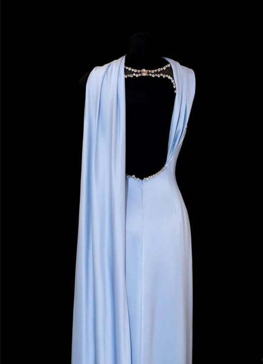 Gorgeous Blue Prom Dress Strapless Satin Sheath Birthday Dress Sleeveless Evening Dress  ED07137