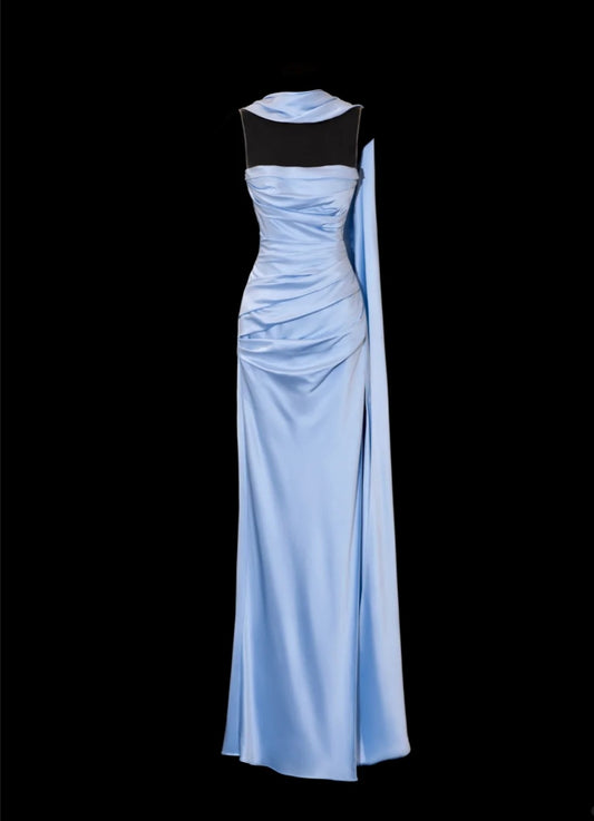 Gorgeous Blue Prom Dress Strapless Satin Sheath Birthday Dress Sleeveless Evening Dress  ED07137