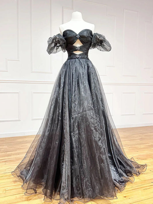 A-Line Off Shoulder Black Long Prom Dresses, Black Formal Evening Dress ED0714