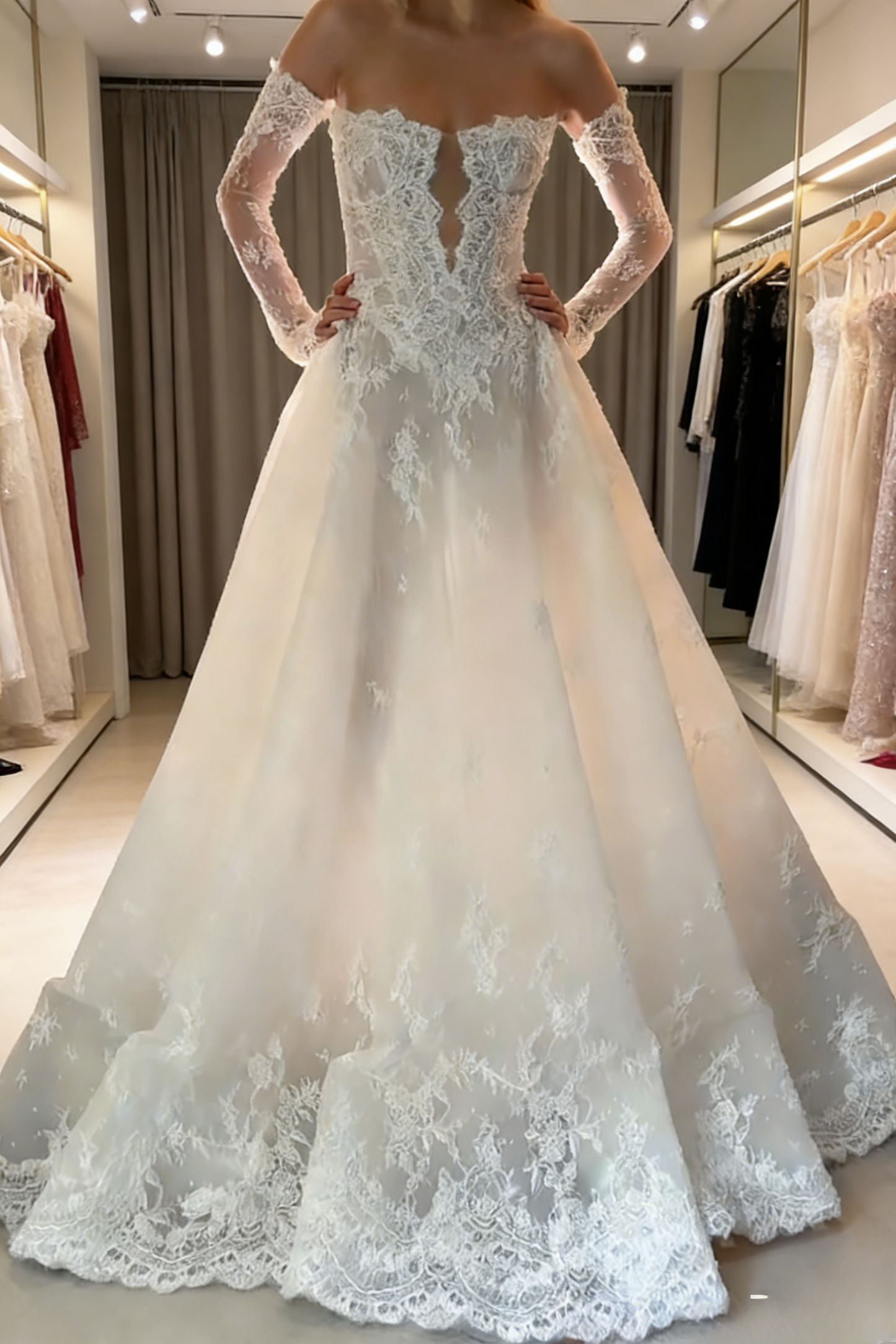 Robe de mariée blanche modeste, bustier, coupe trapèze, tulle appliqué, référence ED07140