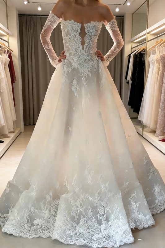 Modest White Wedding Dress Strapless A-Line Bridal Gowns Tulle Applique Bridal Dress ED07140