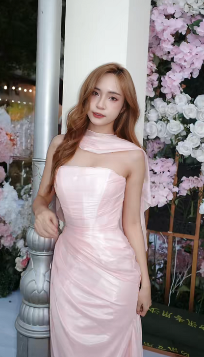 Chic Pink Wedding Guest Dress Strapless Tulle Sheath Evening Dress ED07145