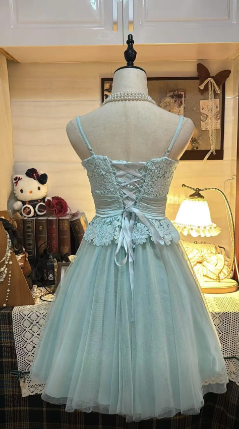 Elegantes grünes Ballkleid mit Spaghettiträgern, Tüll, Applikationen, A-Linie, Geburtstagskleid ED07147