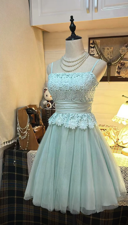 Elegantes grünes Ballkleid mit Spaghettiträgern, Tüll, Applikationen, A-Linie, Geburtstagskleid ED07147