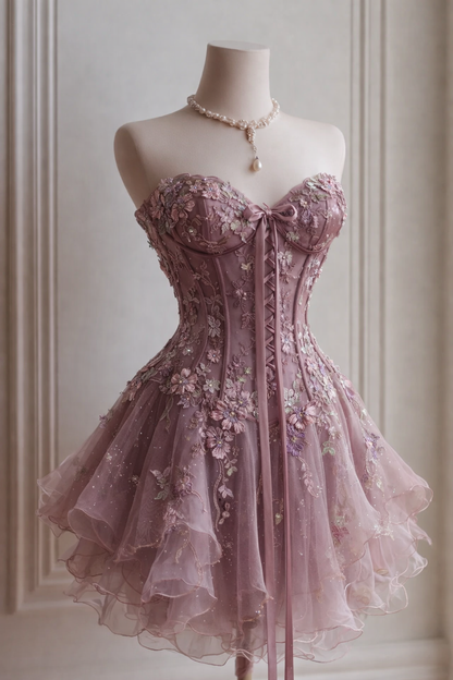 Robe de bal courte rose mignonne avec encolure cœur et applications, robe de soirée en tulle coupe A, robe d'anniversaire ED07148