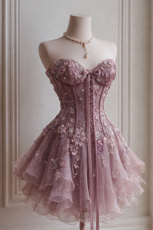 Robe de bal courte rose mignonne avec encolure cœur et applications, robe de soirée en tulle coupe A, robe d'anniversaire ED07148