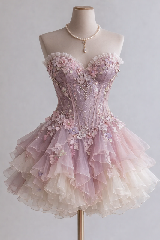 Robe de bal courte rose mignonne avec décolleté en cœur et applications, robe de soirée en tulle coupe A, robe d'anniversaire ED07149