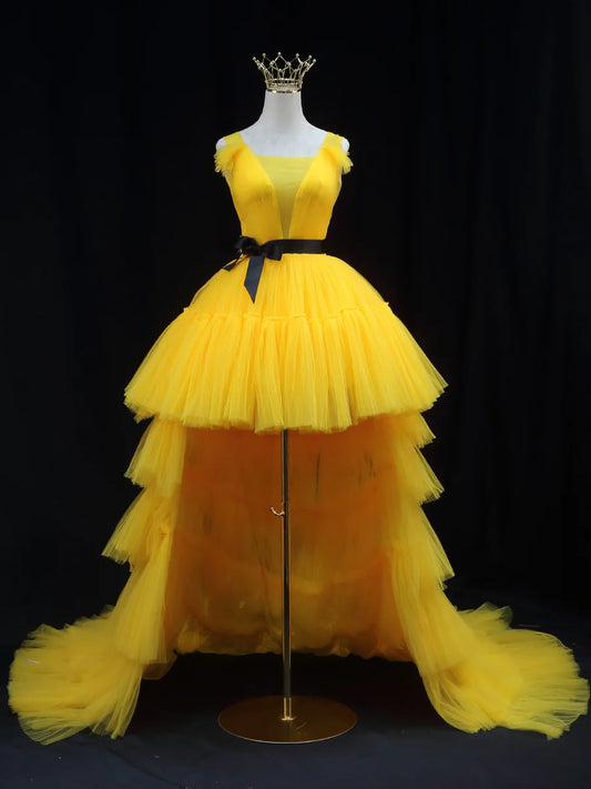 Robe de bal asymétrique en tulle jaune, robe de soirée jaune ED0715