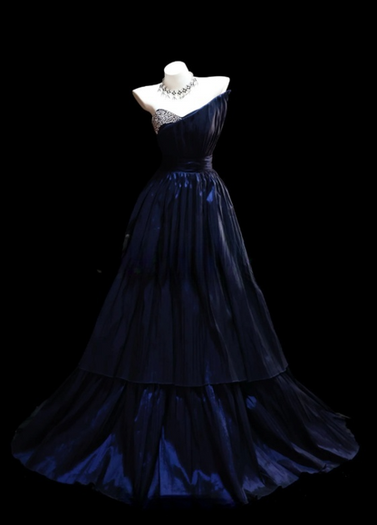 Chic Navy Blue Prom Dress Sweetheart A-Line Satin Evening Dress ED07152