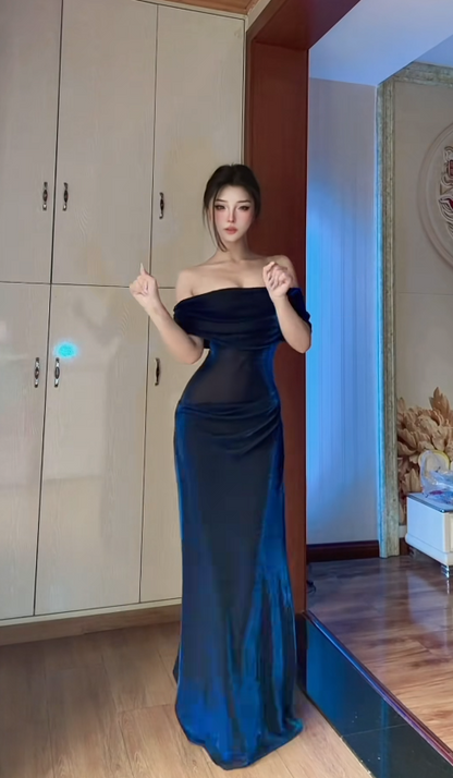 Robe de bal bleu marine chic, robe de soirée fourreau en satin à épaules dénudées ED07156