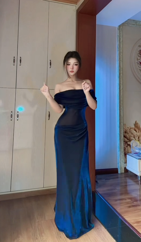 Chic Navy Blue Prom Dress Off-shoulder Sheath Satin Evening Dress ED07156