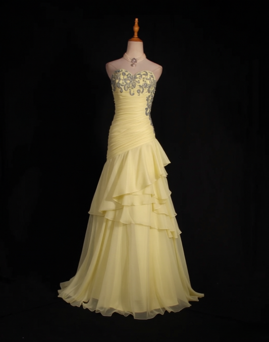 Elegantes gelbes Ballkleid, herzförmiger Ausschnitt, Chiffon-Etui-Abendkleid mit Perlenbesatz ED07160