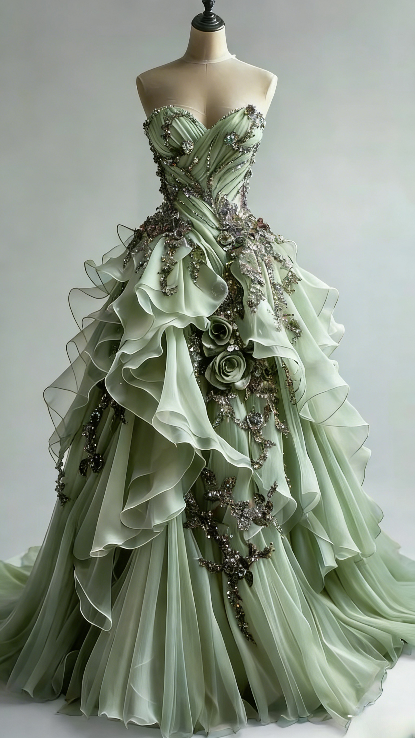 Magnifique robe de bal verte, bustier cœur, coupe trapèze, en tulle, sans manches, idéale pour un anniversaire (ED07161)