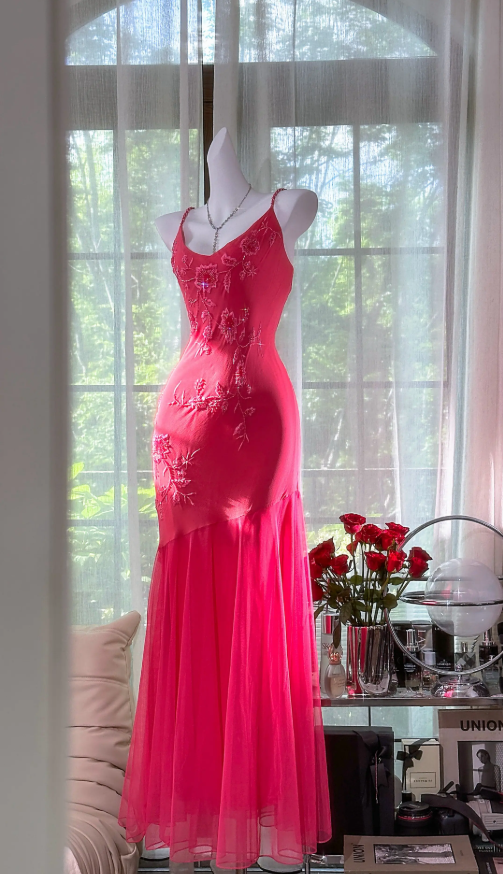 Vintage-Abendkleid in Pink, lange Spaghettiträger, Chiffon, Etuikleid, Perlenbesatz, Geburtstagskleid ED07166