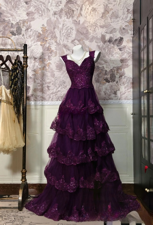 Elegant Purple Prom Dress Long V-neck Tulle Evening Dress A-Line Sequins Birthday Dress ED07168