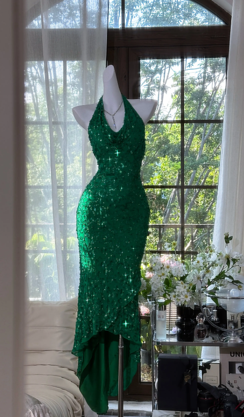 Elegant Hunter Green Prom Dress Long Halter Chiffon Evening Dress Sheath Sequins Birthday Dress ED07169
