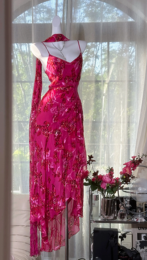 Elegant Hot Pink Prom Dress Long Spaghetti Straps Chiffon Evening Dress Sheath Beaded Birthday Dress ED07171
