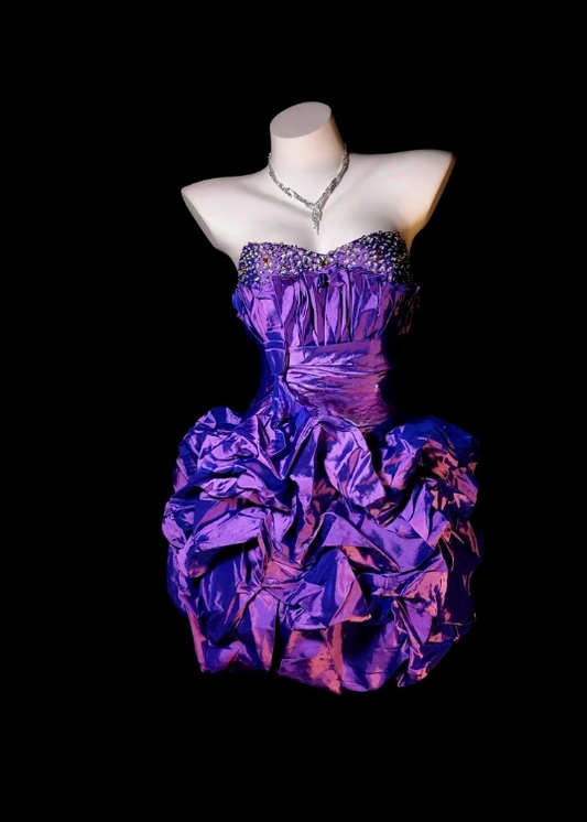 Chic Short Purple Prom Dress Strapless Satin Evening Dress Sheath Sleeveless Birthday Dress ED07173
