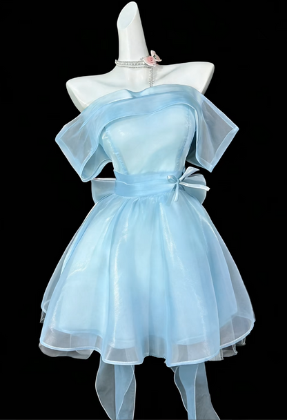 Chic Short Pale Blue Prom Dress Off-shoulder Tulle Evening Dress A-Line Birthday Dress ED07174
