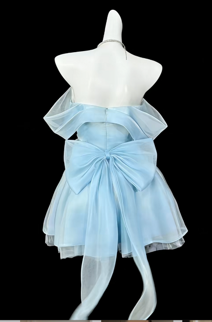 Chic Short Pale Blue Prom Dress Off-shoulder Tulle Evening Dress A-Line Birthday Dress ED07174