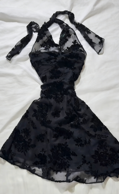Robe de bal courte noire chic, dos nu, tulle brodé, robe de soirée trapèze, robe d'anniversaire ED07175