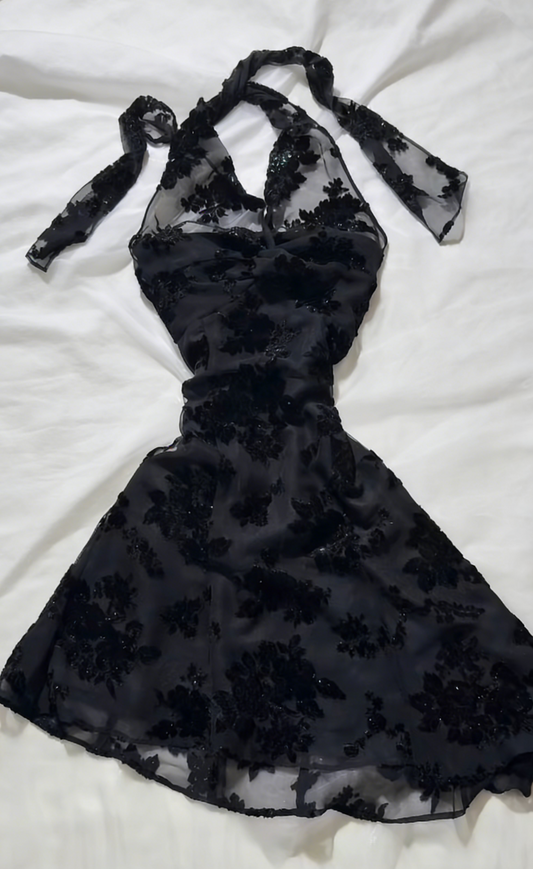 Chic Short Black Prom Dress Halter Tulle Embroidery Evening Dress A-Line Birthday Dress ED07175