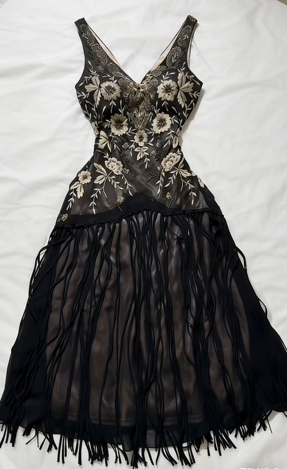 Robe de bal courte noire chic, col en V, robe de soirée en mousseline, coupe trapèze, ornée de perles, référence ED07177