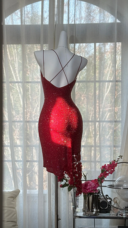 Chic Short Red Prom Dress V-neck Chiffon Evening Dress Sheath Beaded Birthday Dress ED07178