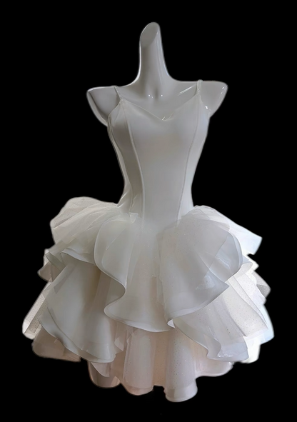Chic Short White Prom Dress Spagehtti Straps Chiffon Evening Dress A-Line Tulle Birthday Dress ED07180