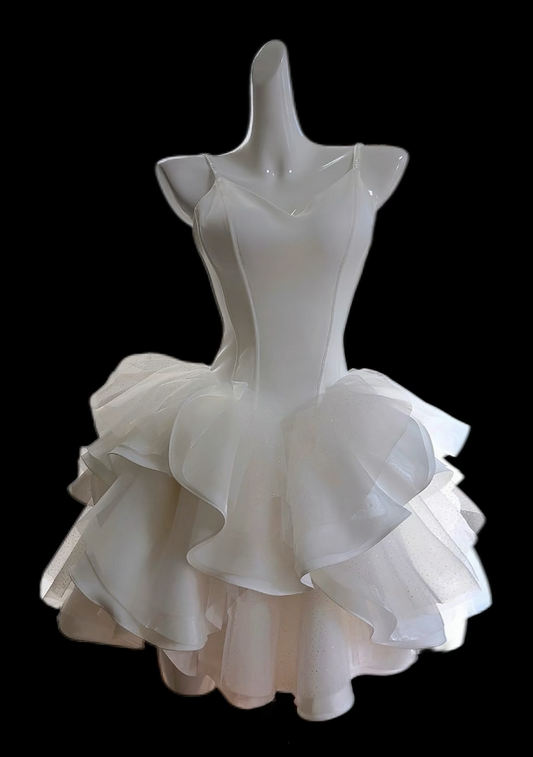 Chic Short White Prom Dress Spagehtti Straps Chiffon Evening Dress A-Line Tulle Birthday Dress ED07180