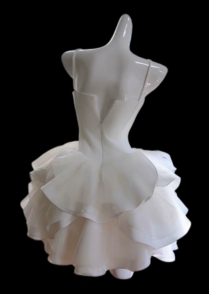 Chic Short White Prom Dress Spagehtti Straps Chiffon Evening Dress A-Line Tulle Birthday Dress ED07180