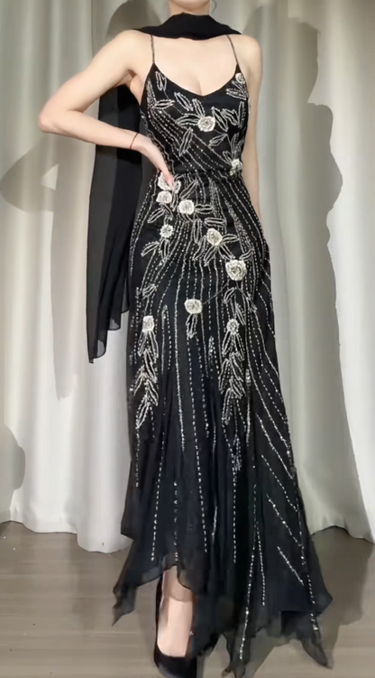 Robe de bal longue noire chic, bretelles spaghetti, robe de soirée fourreau en mousseline ornée de perles, robe d'anniversaire ED07181