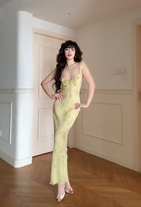 Elegantes langes gelbes Ballkleid mit Spaghettiträgern, Chiffon, Perlenbesatz, Etuikleid, Geburtstagskleid ED07182
