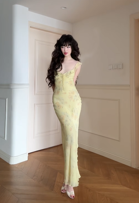 Robe de bal longue jaune chic, bretelles spaghetti, robe de soirée fourreau en mousseline ornée de perles, robe d'anniversaire ED07182