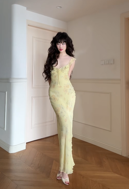 Robe de bal longue jaune chic, bretelles spaghetti, robe de soirée fourreau en mousseline ornée de perles, robe d'anniversaire ED07182