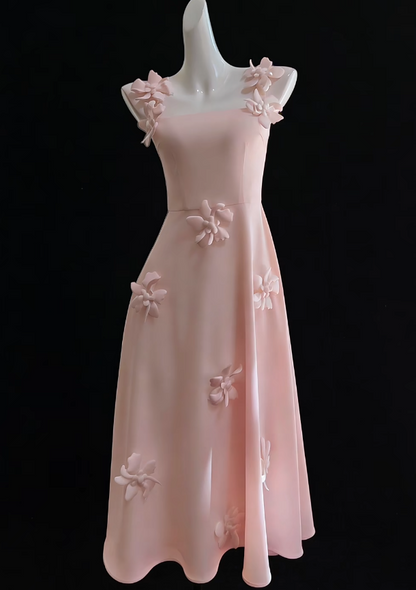 Niedliches langes rosa Ballkleid mit Trägern, Satin-Abendkleid, A-Linie, Geburtstagskleid ED07184
