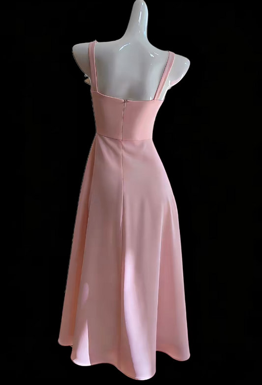Niedliches langes rosa Ballkleid mit Trägern, Satin-Abendkleid, A-Linie, Geburtstagskleid ED07184