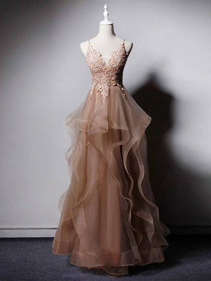 Champagner V-Ausschnitt Tüll Spitze langes Ballkleid, Champagner Abendkleid ED0719