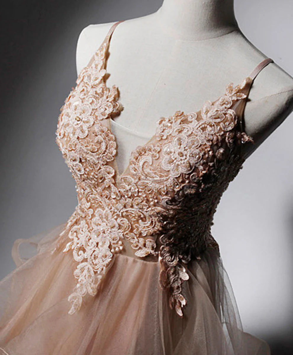 Champagner V-Ausschnitt Tüll Spitze langes Ballkleid, Champagner Abendkleid ED0719