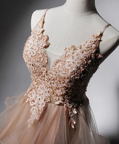 Champagner V-Ausschnitt Tüll Spitze langes Ballkleid, Champagner Abendkleid ED0719